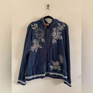 Johnny Was Addison Rib Detail Zip Up Indigo Blue Hoodie Sweatshirt Size Medium